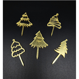 Мини-топпер  Ёлочки золотые на ножке в ассортименте, 4 см, зерк.акрил