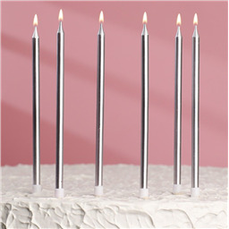 Свечи в торт Ройс, 6 шт, высокие, 13 см, серебристый металлик